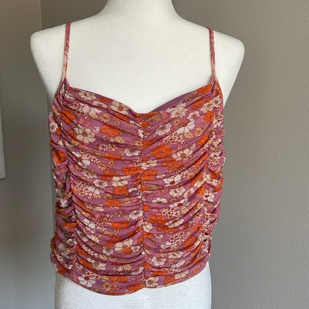 Floral Ruched Women's Top - Pink and Orange Size XL